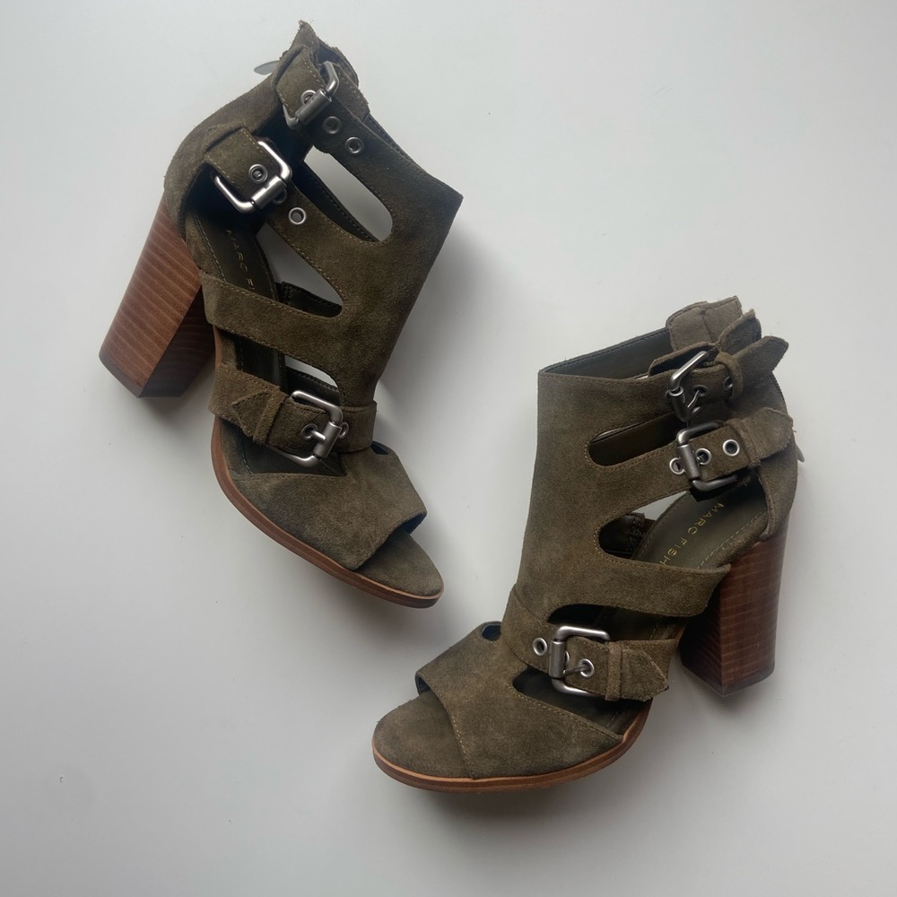 Marc Fisher army green suede heels with buckle accents
